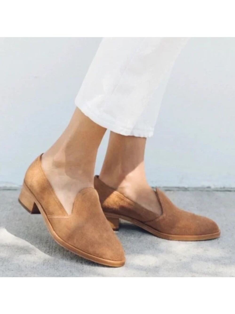 Soludos Sophia Block Heel Loafers Tan Suede Slip On Office Minimalist Chic